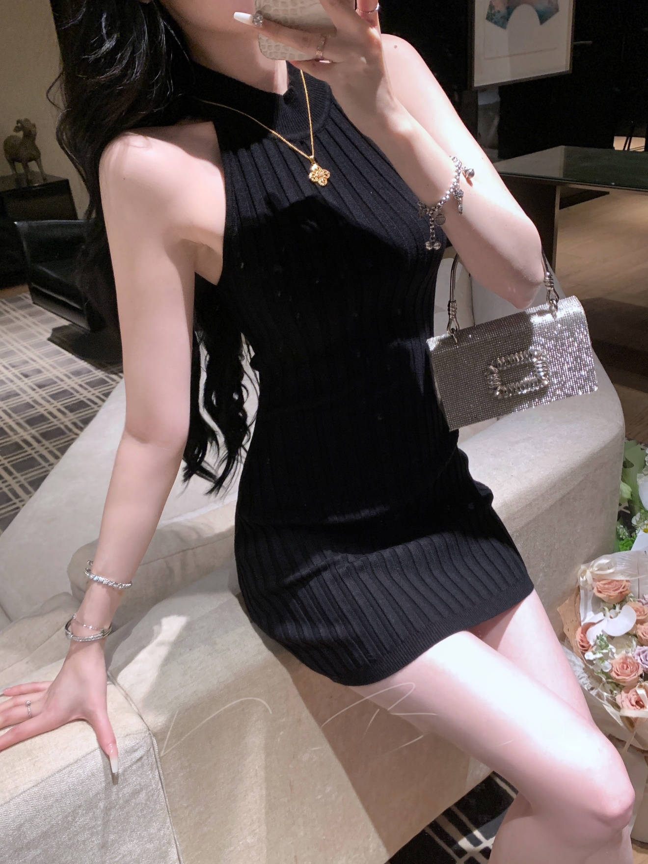 Women Formal Wear With Skirt - French Style Knitted Sexy Neckline Dress
