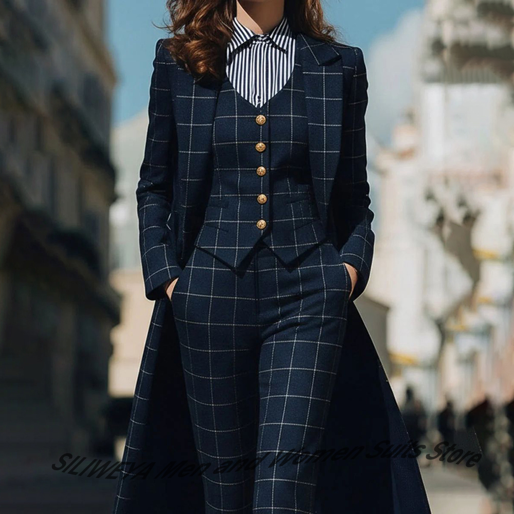 Women Formal Wear Blazer Set - Sophisticated Navy Blue Women's Plaid Blazers