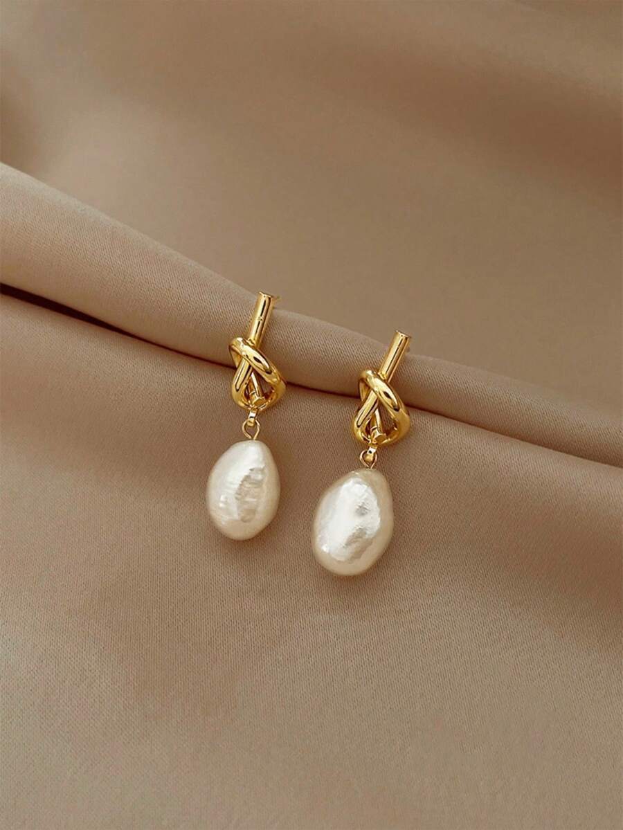 Pearl Earring Stud - 1 Pair Knotted Faux Pearl Dangle