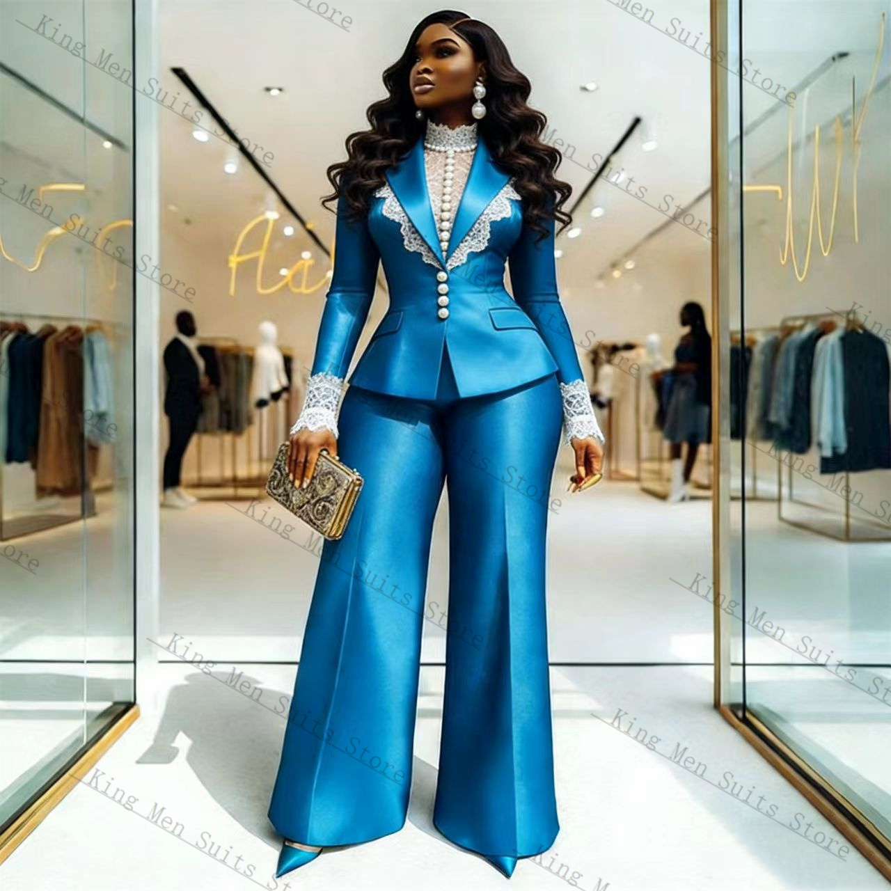 Blue Satin Lace Women Suit Set - Women Formal Wear Blazer Set recensie en prijs