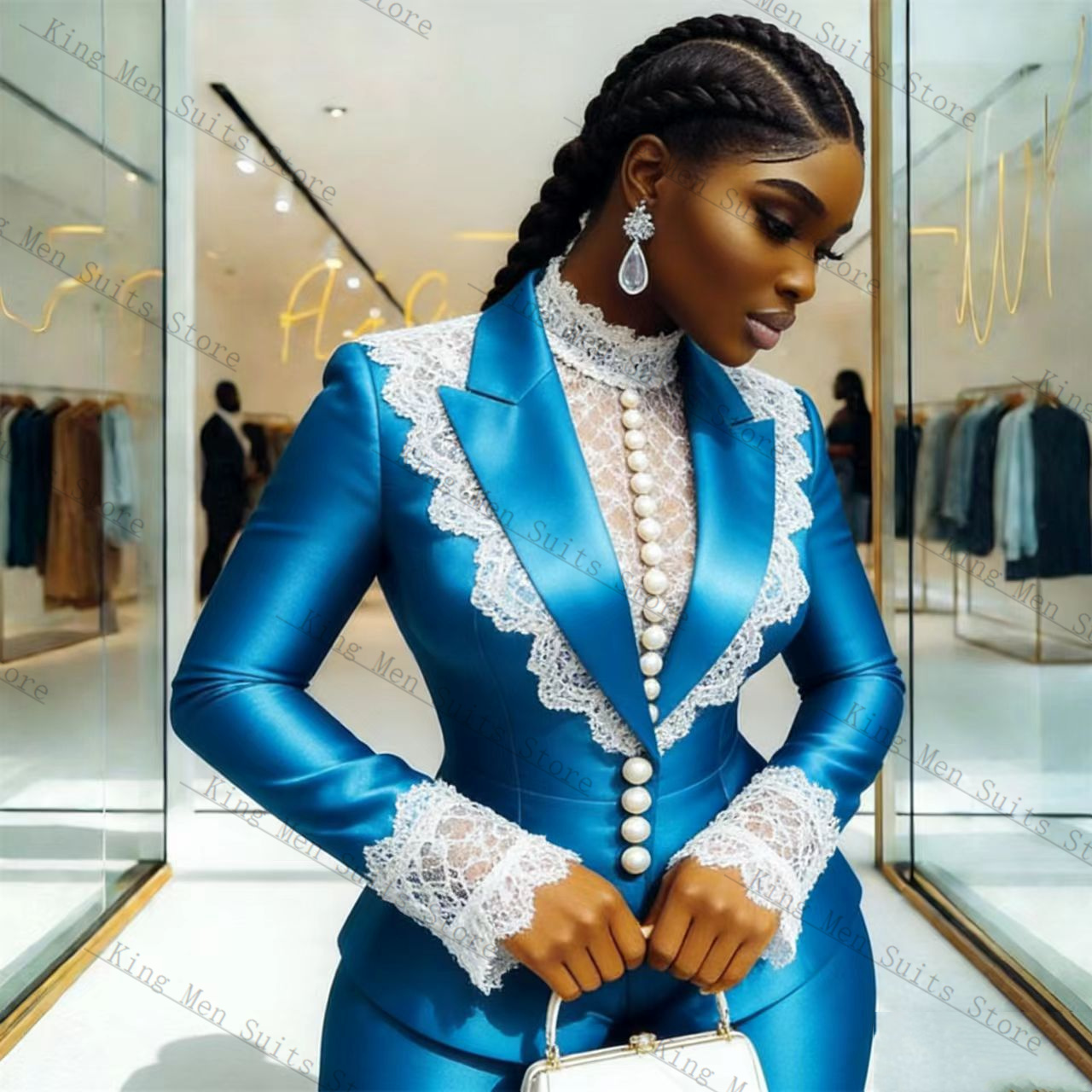 Blue Satin Lace Women Suit Set - Women Formal Wear Blazer Set recensie en prijs