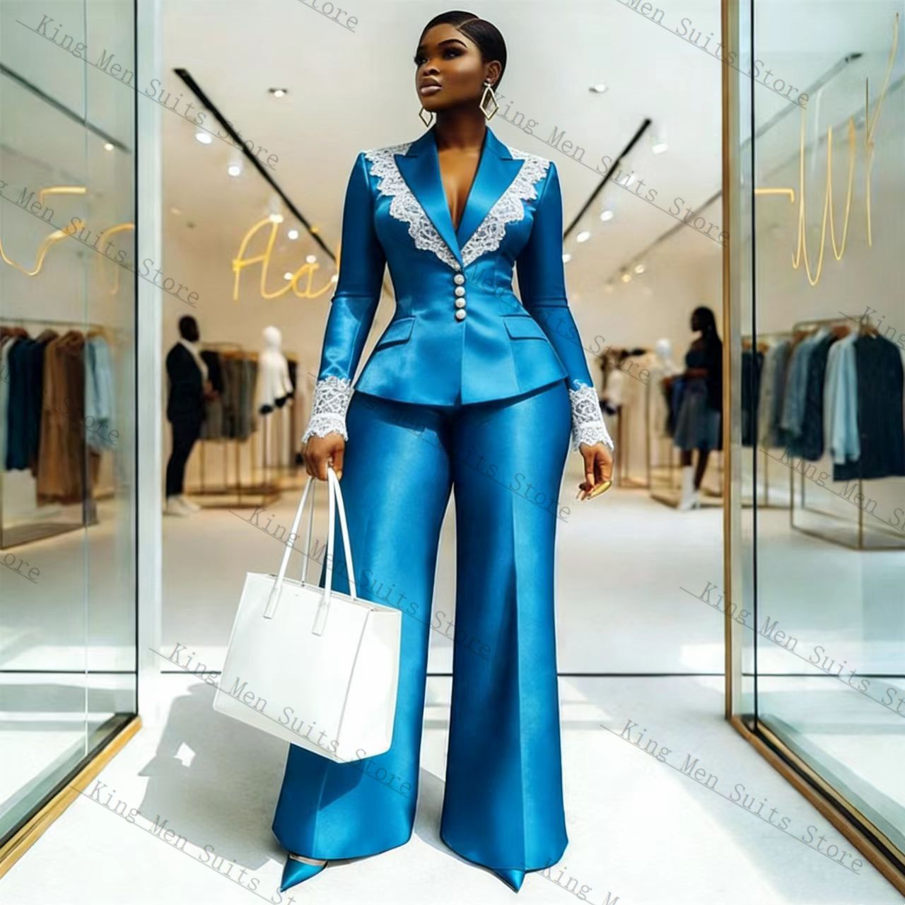 Blue Satin Lace Women Suit Set - Women Formal Wear Blazer Set recensie en prijs