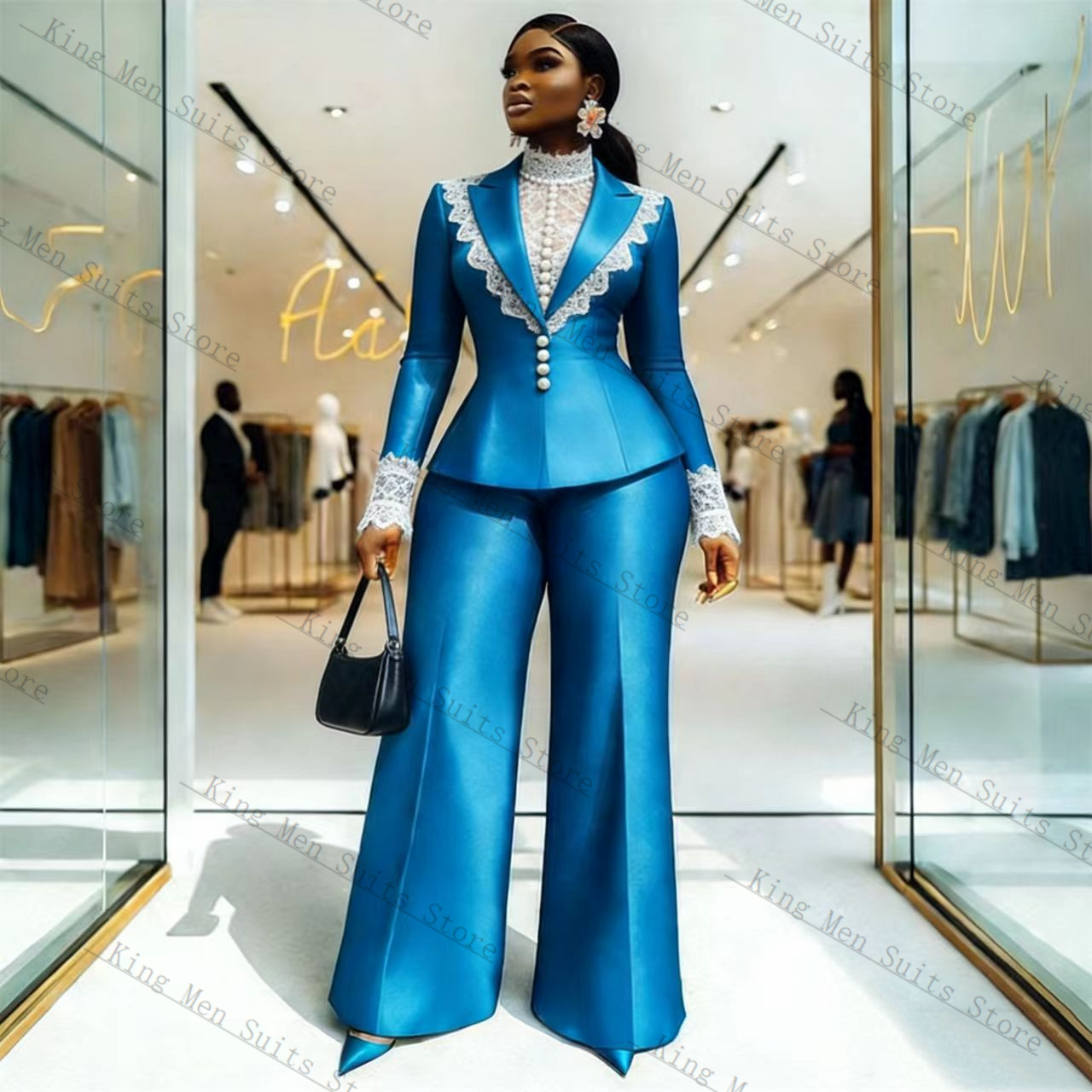 Blue Satin Lace Women Suit Set - Women Formal Wear Blazer Set recensie en prijs