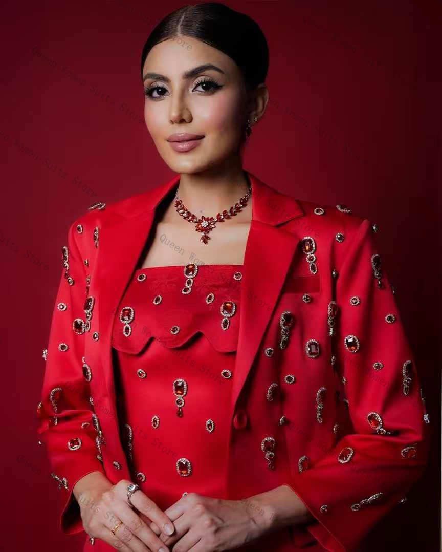 Luxury Red Crystals Women Suit - Women Formal Wear With Skirt recensie en prijs